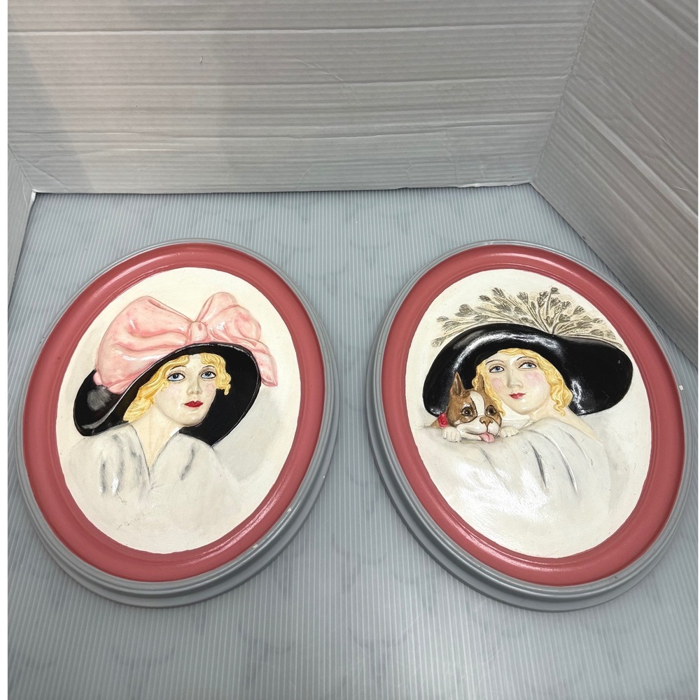 Erma Duncan Ceramic Wall Art Plaques Women 1920s Style Pink Grey Good Art Deco